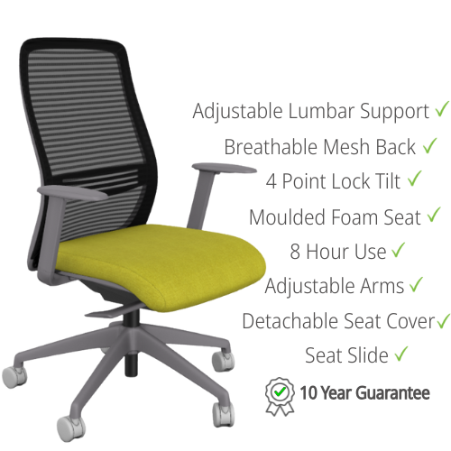 NV Ergonomic Posture Office Chair - Grey Frame, Green Seat - Key Features - Adjustable Lumbar Support, Breathable Mesh Back, Detachable Seat Cover, Moulded Foam Seat, 4 Point Lock Tilt, Adjustable Arms, Seat Slide, 8 Hour-Use and 10 Year Guarantee